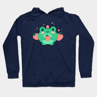 Neon Green Kawaii Frog, Blushing Strawberry, Retro Japanese Aesthetic Hoodie